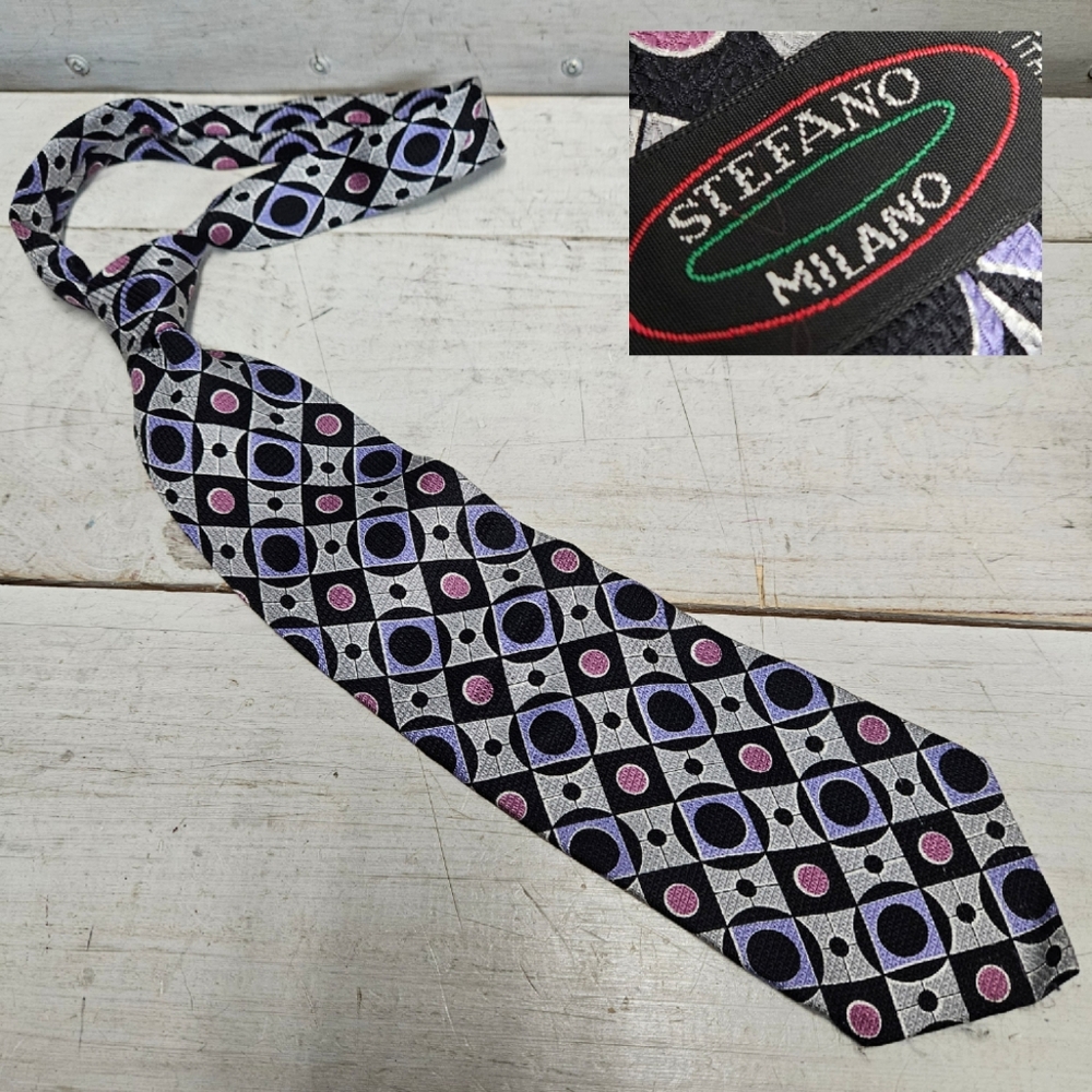 STEFANO MILANO Vintage Silk Neck Tie Handmade in Italy Geometric Design